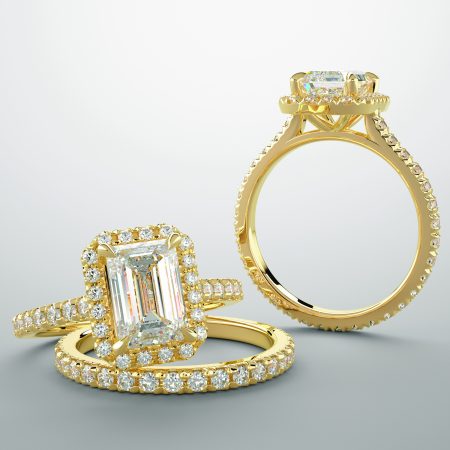 yellow gold square cut diamond engagement ring with eternity band
